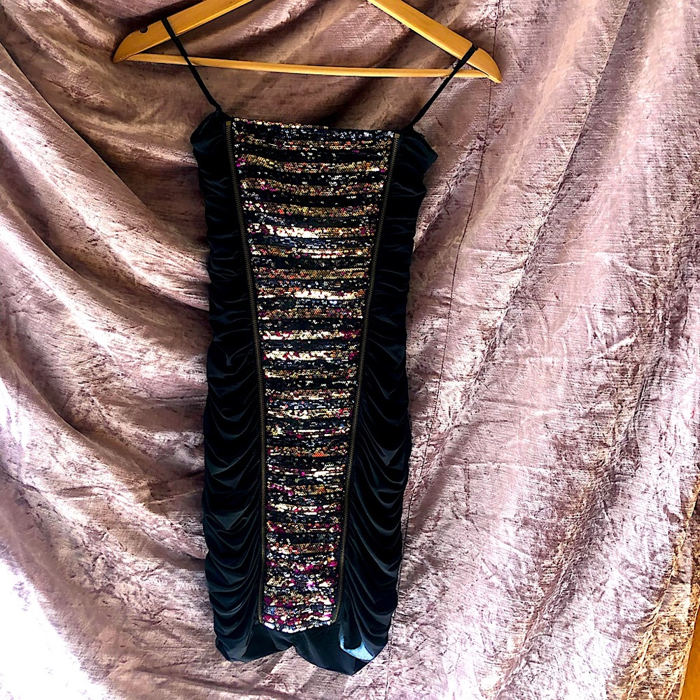 Black Multi-Color Sequined Ruched Tube Dress